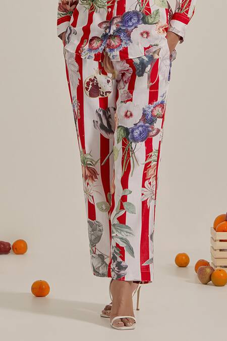 Shop_Chrkha_Red Cotton, Linen Collared Striped Printed Top And Pant Set _Online_at_Aza_Fashions