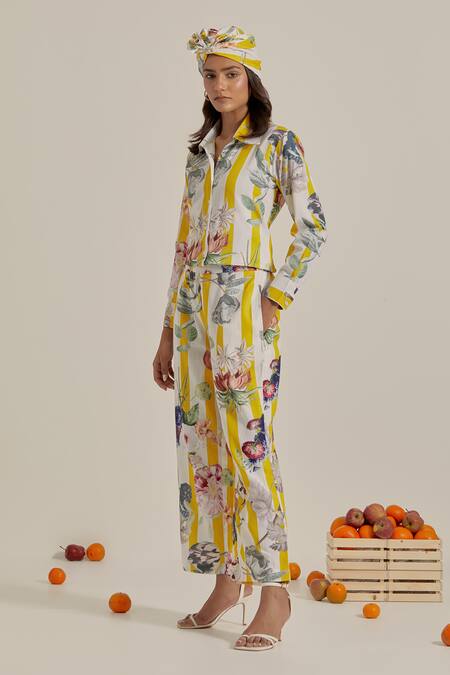 Chrkha_Yellow Cotton, Linen Collared Floral Striped Co-ord Set _Online_at_Aza_Fashions