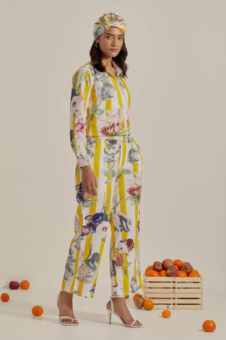Buy_Chrkha_Yellow Cotton, Linen Collared Floral Striped Co-ord Set _Online_at_Aza_Fashions