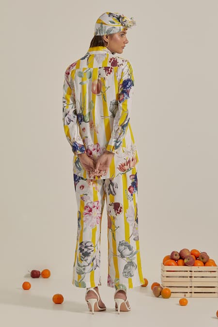 Chrkha Floral Striped Cotton Linen Co-Ord Set 