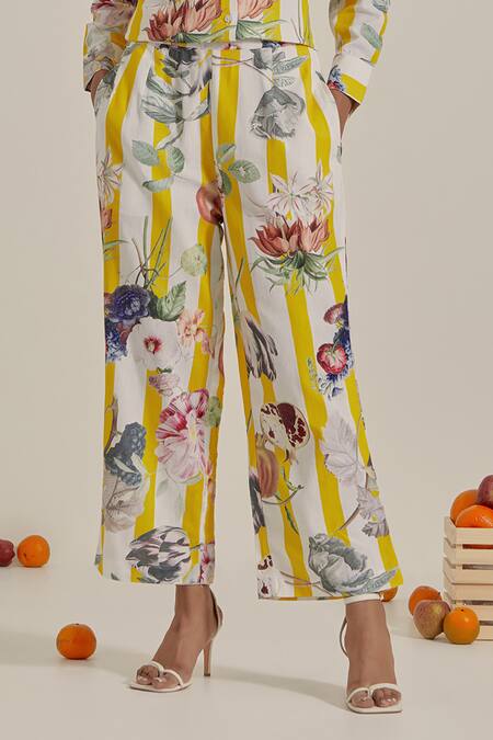 Shop_Chrkha_Yellow Cotton, Linen Collared Floral Striped Co-ord Set _Online_at_Aza_Fashions