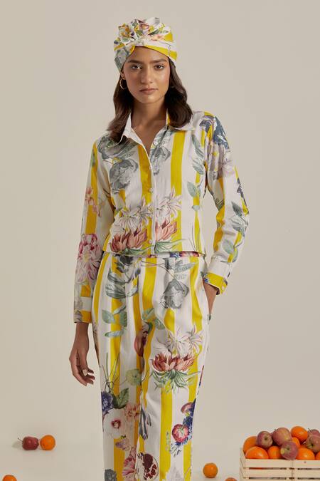 Chrkha_Yellow Cotton, Linen Collared Floral Striped Co-ord Set _at_Aza_Fashions