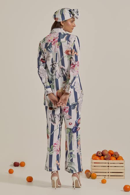 Chrkha Navy Striped Printed Top & Pant Set 