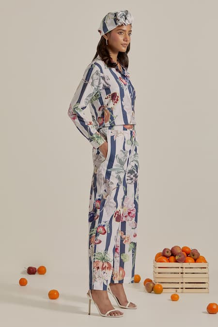 Chrkha_Navy Cotton, Linen Embroidery Collared Striped Printed Top And Pant Set _Online_at_Aza_Fashions