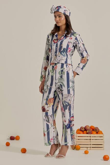 Buy_Chrkha_Navy Cotton, Linen Embroidery Collared Striped Printed Top And Pant Set _Online_at_Aza_Fashions