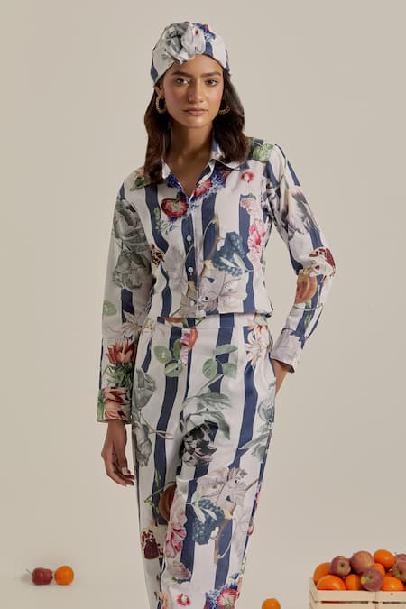 Shop_Chrkha_Navy Cotton, Linen Embroidery Collared Striped Printed Top And Pant Set _Online_at_Aza_Fashions