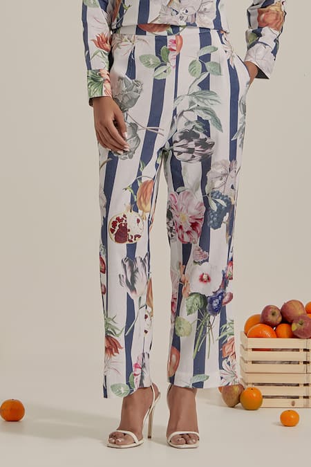 Chrkha_Navy Cotton, Linen Embroidery Collared Striped Printed Top And Pant Set _at_Aza_Fashions