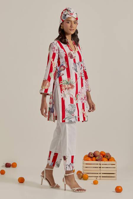 Shop_Chrkha_Red Cotton Mandarin Collar Floral Striped Kurta And Pant Set _Online_at_Aza_Fashions