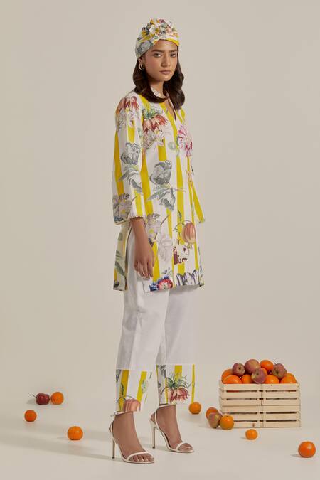 Chrkha_Yellow Cotton Pearls Collared Floral Printed Kurta And Pant Set _Online_at_Aza_Fashions