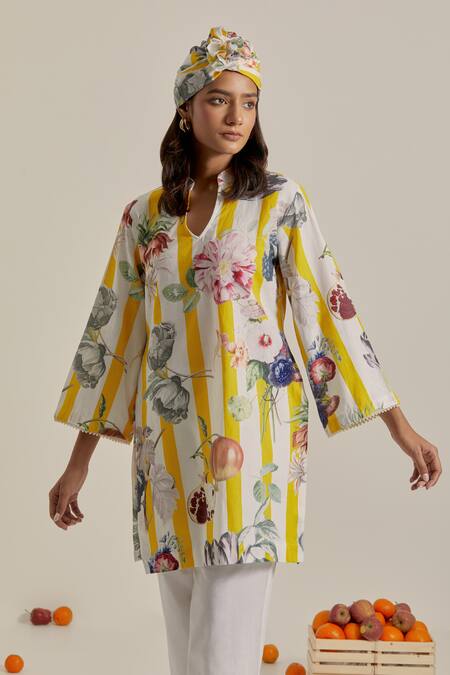 Shop_Chrkha_Yellow Cotton Pearls Collared Floral Printed Kurta And Pant Set _Online_at_Aza_Fashions