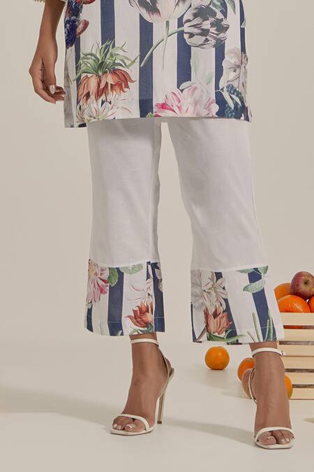 Chrkha_Navy Cotton, Linen Pearls Collared Floral Striped Kurta And Pant Set _Online_at_Aza_Fashions