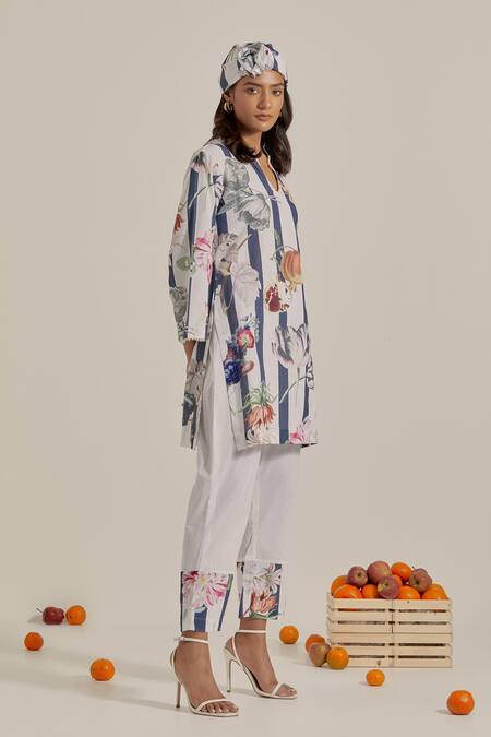 Buy_Chrkha_Navy Cotton, Linen Pearls Collared Floral Striped Kurta And Pant Set _Online_at_Aza_Fashions
