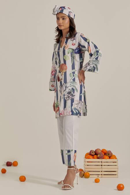 Shop_Chrkha_Navy Cotton, Linen Pearls Collared Floral Striped Kurta And Pant Set _Online_at_Aza_Fashions