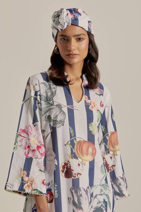 Chrkha_Navy Cotton, Linen Pearls Collared Floral Striped Kurta And Pant Set _at_Aza_Fashions