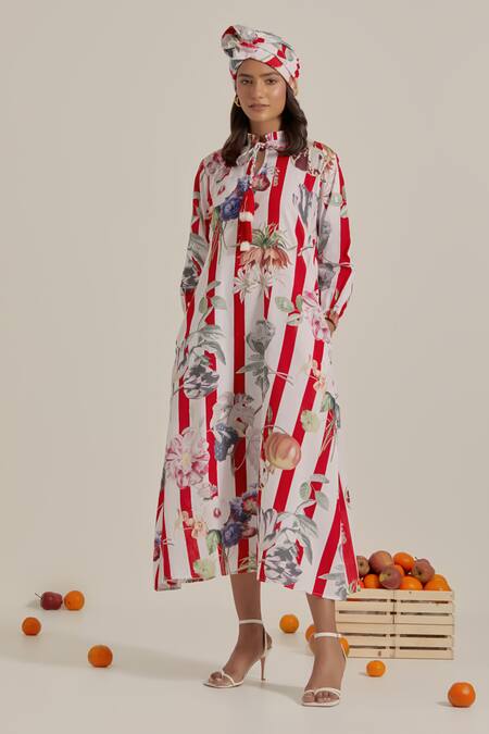 Chrkha_Red Cotton, Linen Tassels Collared Floral Striped Dress _Online_at_Aza_Fashions