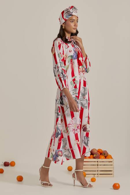 Buy_Chrkha_Red Cotton, Linen Tassels Collared Floral Striped Dress _Online_at_Aza_Fashions