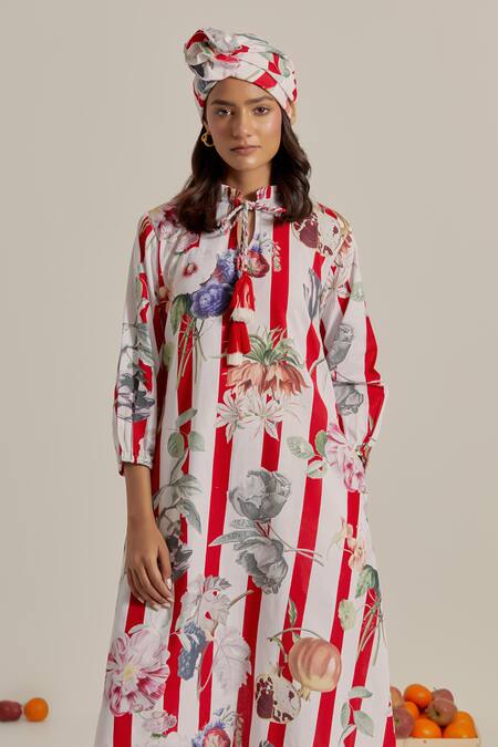 Shop_Chrkha_Red Cotton, Linen Tassels Collared Floral Striped Dress _Online_at_Aza_Fashions