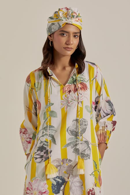 Chrkha_Yellow Tassels V-neck Floral Stripe Maxi Dress _Online_at_Aza_Fashions