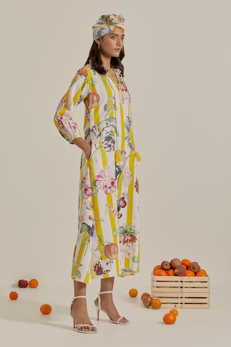 Buy_Chrkha_Yellow Tassels V-neck Floral Stripe Maxi Dress _Online_at_Aza_Fashions