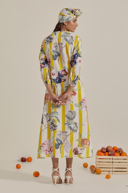 Chrkha Floral Stripe Yellow Maxi Dress 
