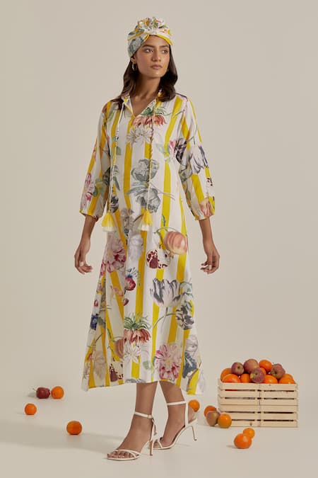 Shop_Chrkha_Yellow Tassels V-neck Floral Stripe Maxi Dress _Online_at_Aza_Fashions