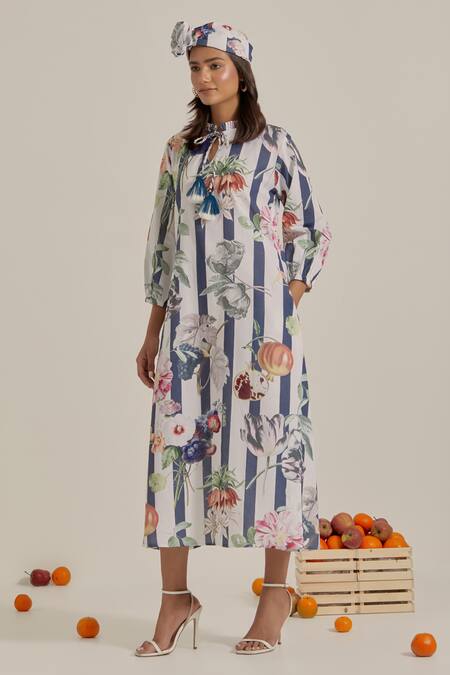 Chrkha_Navy Cotton, Linen Tassels Collared Floral Striped Maxi Dress _Online_at_Aza_Fashions