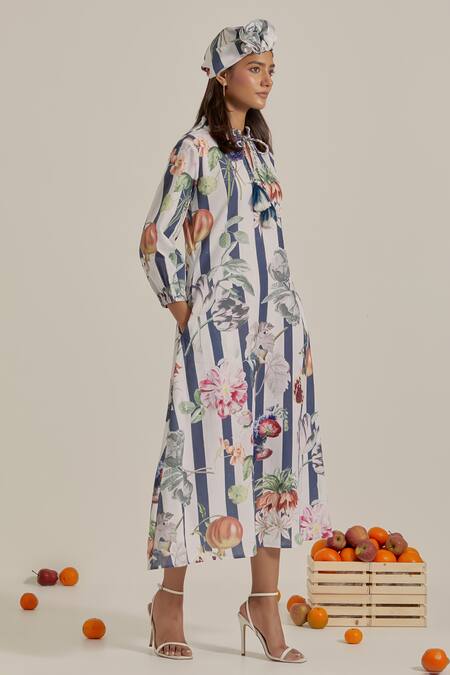 Buy_Chrkha_Navy Cotton, Linen Tassels Collared Floral Striped Maxi Dress _Online_at_Aza_Fashions