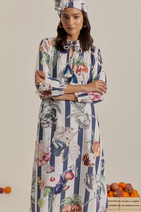 Shop_Chrkha_Navy Cotton, Linen Tassels Collared Floral Striped Maxi Dress _Online_at_Aza_Fashions
