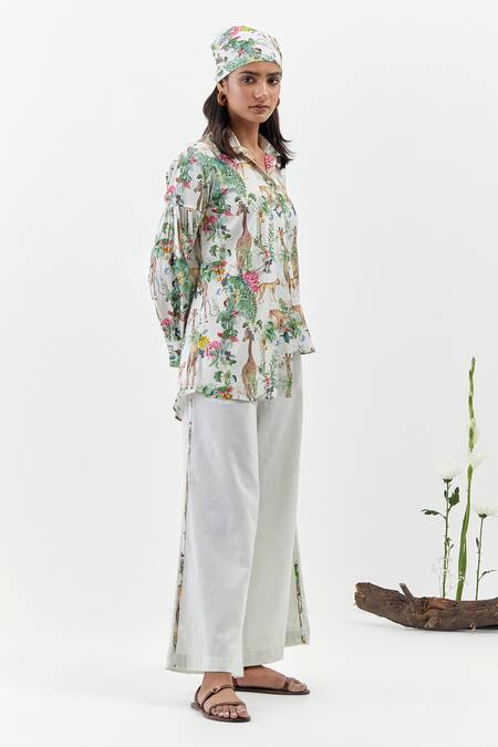 Chrkha_Ivory Cotton, Linen Collared Floral Print Shirt And Pant Set _Online_at_Aza_Fashions