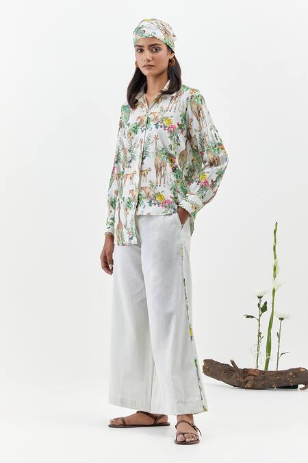 Buy_Chrkha_Ivory Cotton, Linen Collared Floral Print Shirt And Pant Set _Online_at_Aza_Fashions
