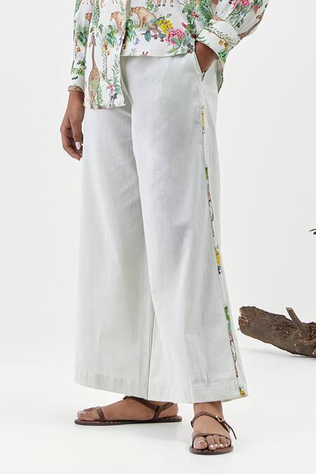 Shop_Chrkha_Ivory Cotton, Linen Collared Floral Print Shirt And Pant Set _Online_at_Aza_Fashions