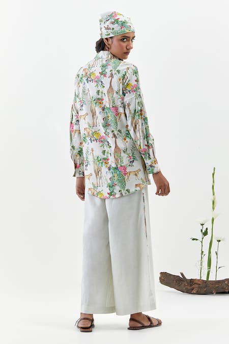 Chrkha Floral Print Ivory Shirt & Flared Pant Set 