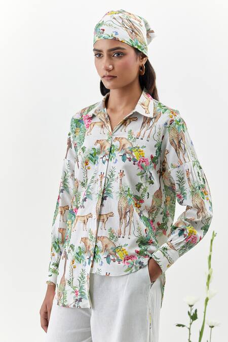 Chrkha_Ivory Cotton, Linen Collared Floral Print Shirt And Pant Set _at_Aza_Fashions