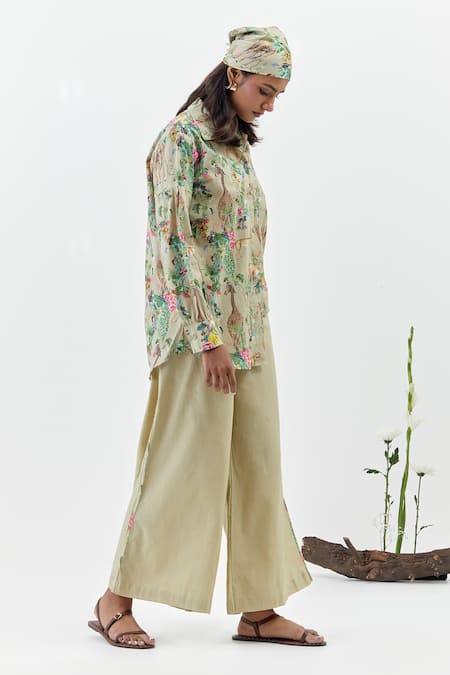 Chrkha_Brown Cotton, Linen Collared Safari-brown Printed Shirt And Pant Set _Online_at_Aza_Fashions