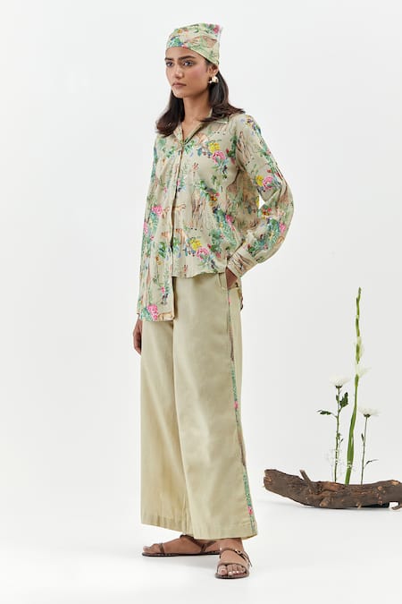 Buy_Chrkha_Brown Cotton, Linen Collared Safari-brown Printed Shirt And Pant Set _Online_at_Aza_Fashions
