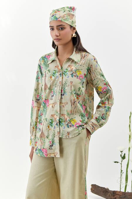 Chrkha_Brown Cotton, Linen Collared Safari-brown Printed Shirt And Pant Set _at_Aza_Fashions