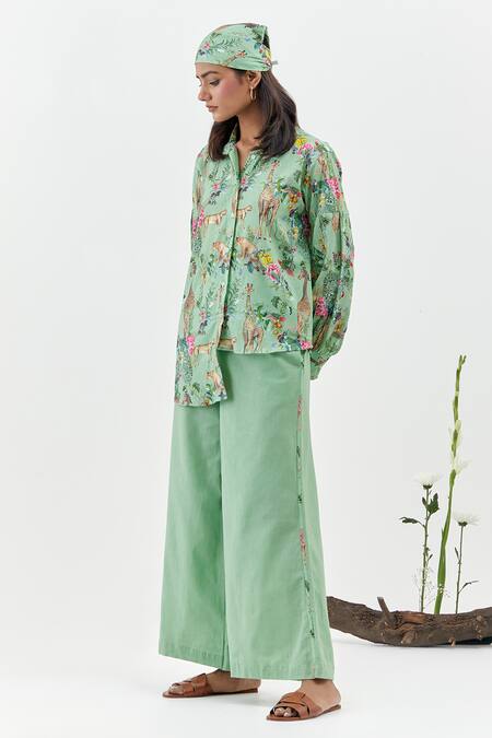 Chrkha_Green Cotton, Linen Collared Safari-green Printed Shirt Co-ord Set _Online_at_Aza_Fashions