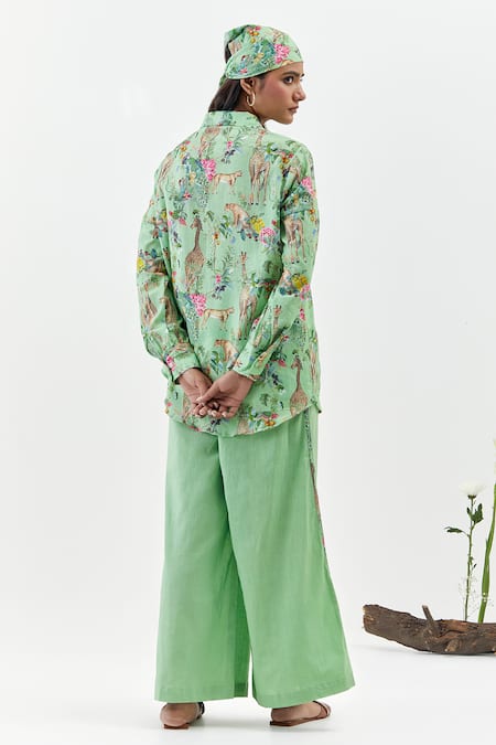 Chrkha Safari-Green Printed Shirt Co-Ord Set 