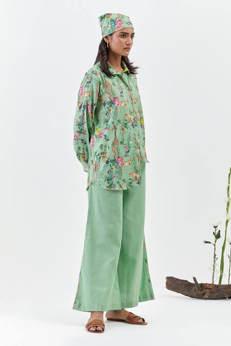 Buy_Chrkha_Green Cotton, Linen Collared Safari-green Printed Shirt Co-ord Set _Online_at_Aza_Fashions