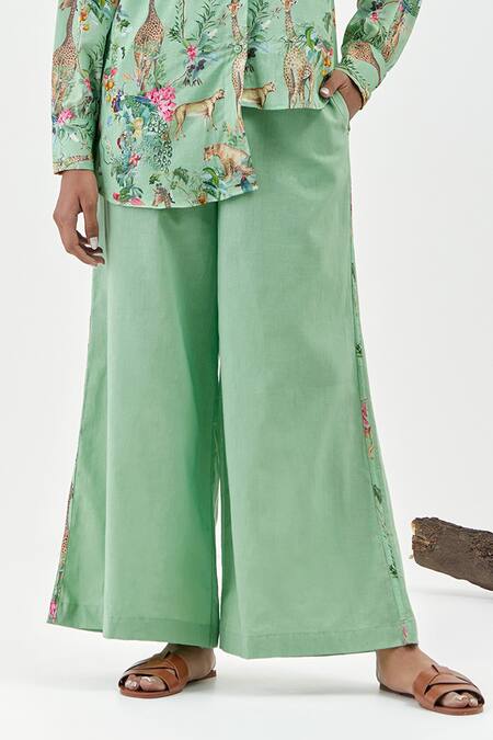 Shop_Chrkha_Green Cotton, Linen Collared Safari-green Printed Shirt Co-ord Set _Online_at_Aza_Fashions