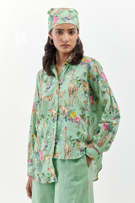 Chrkha_Green Cotton, Linen Collared Safari-green Printed Shirt Co-ord Set _at_Aza_Fashions