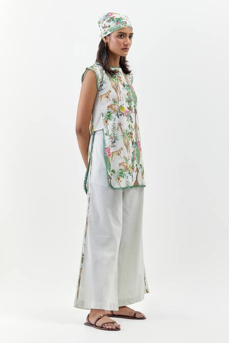 Chrkha_Ivory Cotton, Linen Round Neck Floral Print Tunic And Flared Pant Set _Online_at_Aza_Fashions