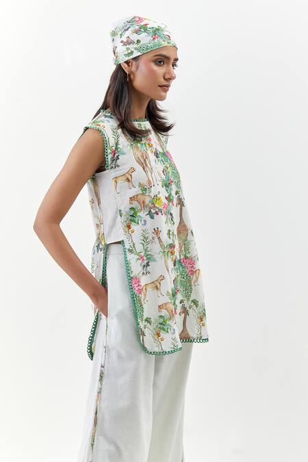 Shop_Chrkha_Ivory Cotton, Linen Round Neck Floral Print Tunic And Flared Pant Set _Online_at_Aza_Fashions