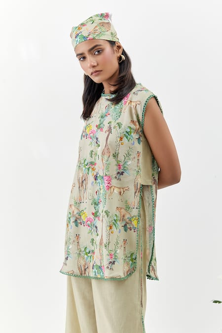 Chrkha_Beige Cotton, Linen Round Neck Safari-brown Sleeveless Tunic And Flared Pants Set _Online_at_Aza_Fashions