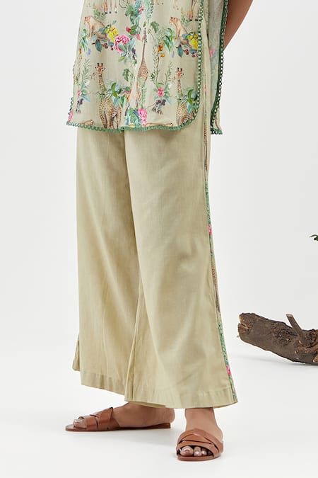 Buy_Chrkha_Beige Cotton, Linen Round Neck Safari-brown Sleeveless Tunic And Flared Pants Set _Online_at_Aza_Fashions