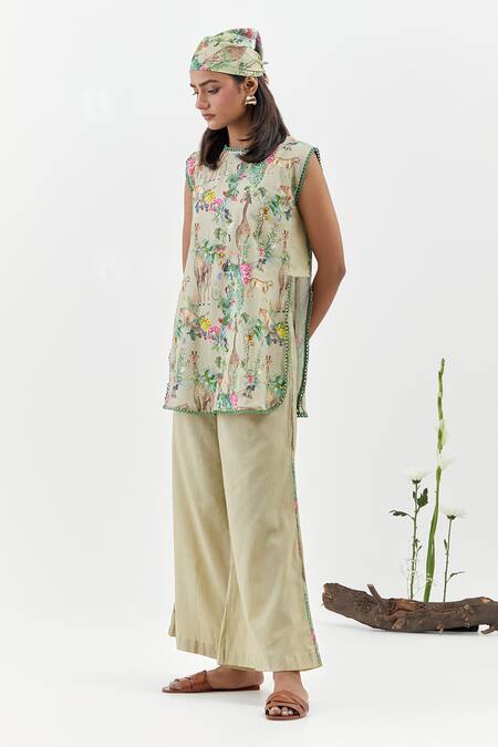 Shop_Chrkha_Beige Cotton, Linen Round Neck Safari-brown Sleeveless Tunic And Flared Pants Set _Online_at_Aza_Fashions