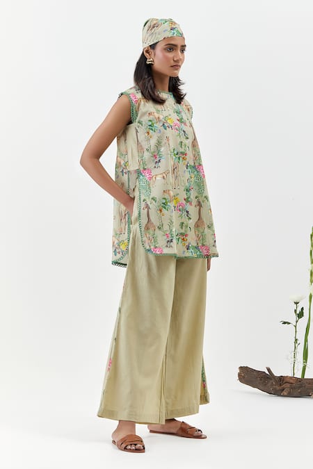 Chrkha_Beige Cotton, Linen Round Neck Safari-brown Sleeveless Tunic And Flared Pants Set _at_Aza_Fashions