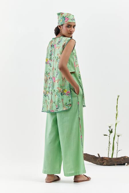 Chrkha Safari-Green Sleeveless Tunic Co-Ord Set 