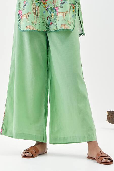 Shop_Chrkha_Green Cotton, Linen Lace Round Neck Safari-green Sleeveless Tunic Co-ord Set _Online_at_Aza_Fashions