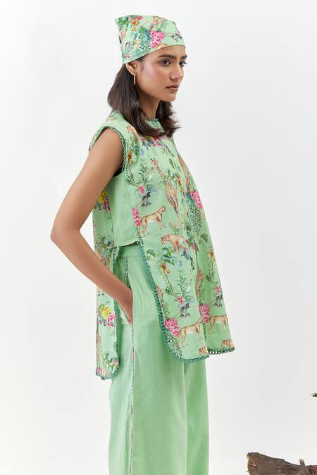Chrkha_Green Cotton, Linen Lace Round Neck Safari-green Sleeveless Tunic Co-ord Set _at_Aza_Fashions